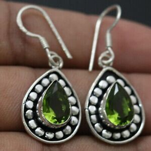 Peridot Quartz Sterling Silver Plated Earrings 1.62" Gemstone Jewelry Handmade